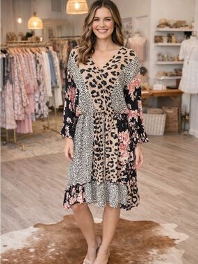 GiGio Mixed Print Leopard Floral Boho Midi Dress Small Flowy Bell Sleeve